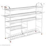 Silver stainless steel 5-shelf wall mount kitchen utensils rack with plate and cutlery stand, modular storage system, lower shelf for plates, 30 inches high, 36 inches long