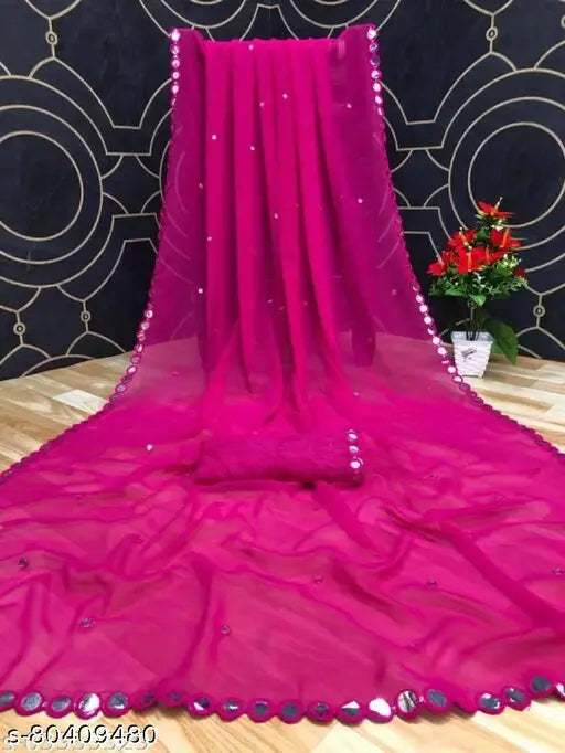 Pink tulle saree with decorative border, for women's traditional wear