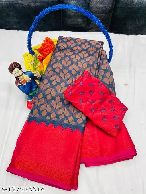 Grey and pink chiffon Brasso saree with zari print and separate blouse, Indian handloom traditional wear