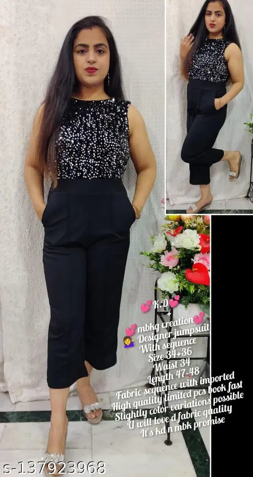 Black lycra sleeveless woven design net Sequence Shining jump suit for women, elegant trendy fashionable outfit on hanger