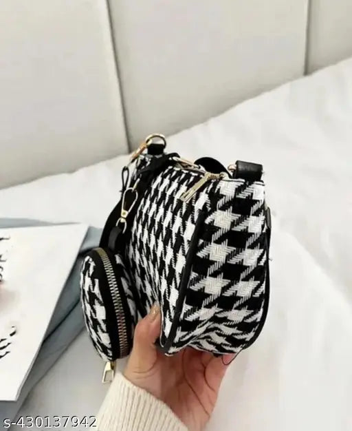 Classy women's black and white patterned designer sling bag with adjustable strap