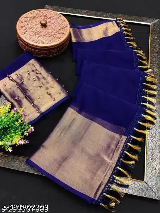 Navy blue chiffon saree with latkan lace border and diamond moti blouse, perfect for party wear for women and girls