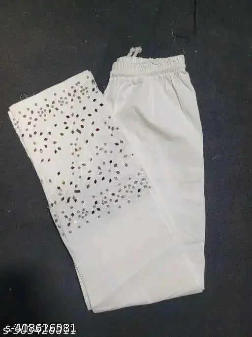Chikankari mirror work pants, white, embroidered, cotton