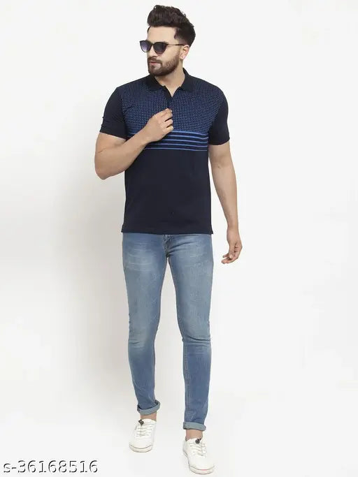 Navy blue printed Wild West Cotton half-sleeve T-shirt for men on model