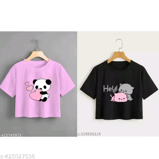 Pink cotton blend crop top & tshirt set for girls and women, printed net pattern. Versatile style for everyday wear with denim jeans and sneakers