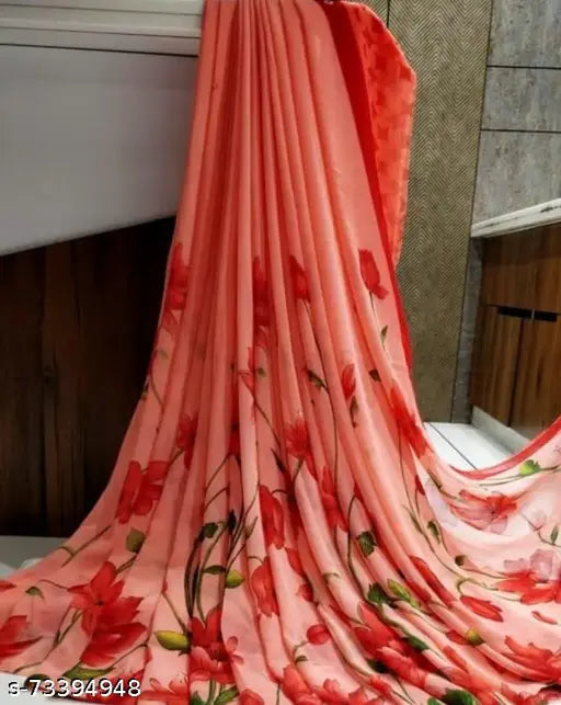 Red, georgette saree with unstitched blouse piece