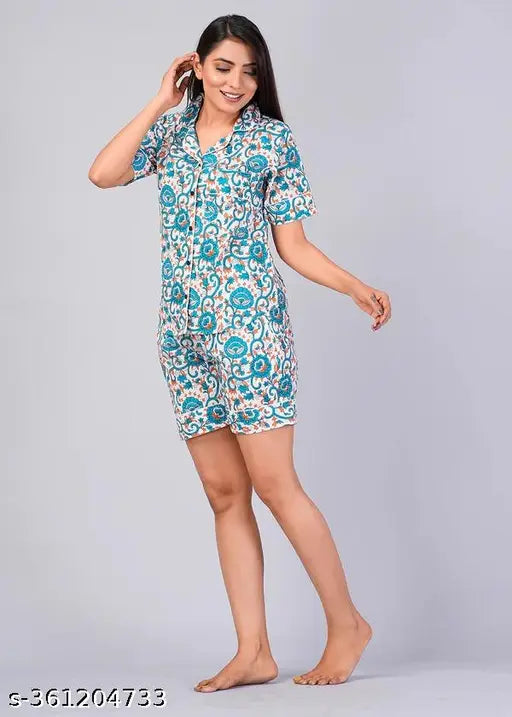 Floral pattern cotton night dress for women, short-sleeved printed short set with a vibrant floral design (size M, size XXL from India)