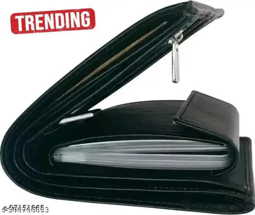 TAQWA Black faux leather men's album wallet (8 Card Slots), black solid pattern, 5 compartments, free size (12cm x 5cm)