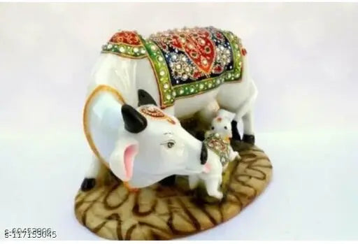 Multicolor Kamdhenu cow and calf statue, ornate polyresin showpiece for home decor, 10cm x 10cm x 10cm (India)