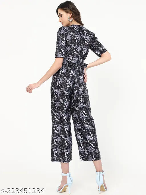 Crepe three-quarter sleeve printed net jumpsuit for women, trendy and graceful, size S (34/52/30/36), made in India