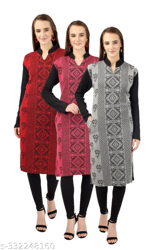 Three women's long-sleeved, knee-length aline kurtis in maroon with geometric patterns
