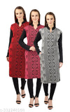 Three women's long-sleeved, knee-length aline kurtis in maroon with geometric patterns