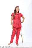 Pink printed cotton night suit set, half sleeves shirt with pyjama by Arjeys - Indian-made women's hosiery sleepwear