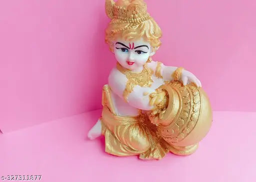Golden poly resin Krishna idol, handcrafted with white marble finish, 10cm x 15cm x 7.5cm, perfect for puja gifts