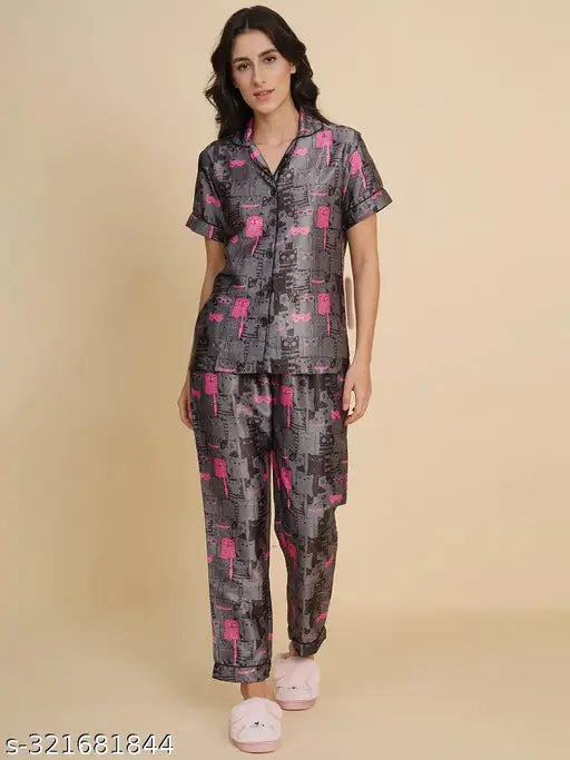 Dark grey quirky print satin night suit for women, super soft and comfortable sleepwear with half sleeves, notch collar, and elastic waistband