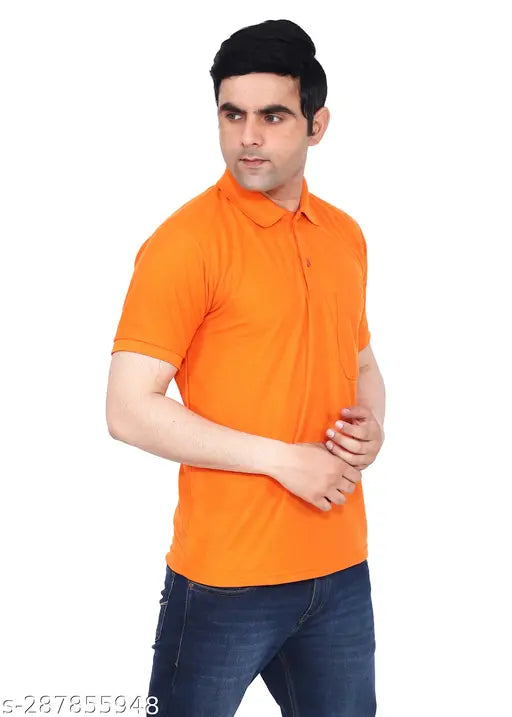 Cotton blend short sleeve polo t-shirt for men, solid color with pocket and stylish collar on display