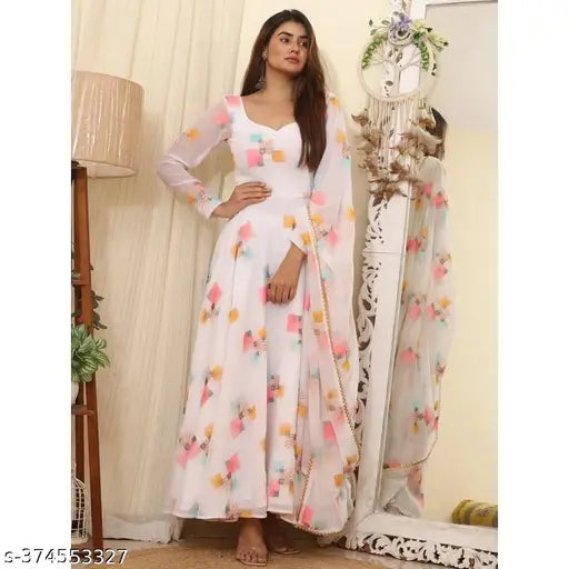 Gayati print dress, white chiffon fabric