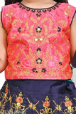 Embroidered chanderi silk lehenga and linen dupatta for kids, short-sleeved, 18-24 months size. Indian handcrafted traditional outfit