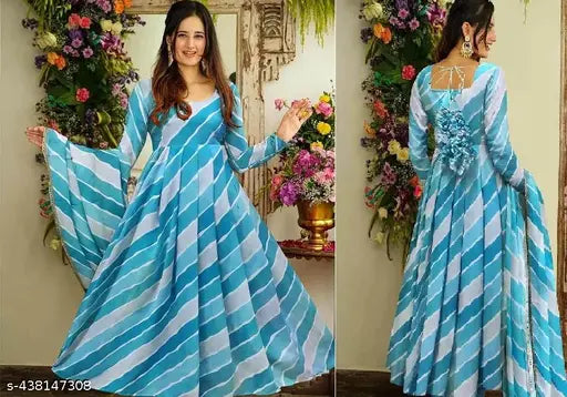 Sky Blue Georgette Striped Long Sleeve Maxi Dress & Dupatta Set - Indian Ethnic Wedding Anarkali Gown, trending Kurta style for women's festivals and parties