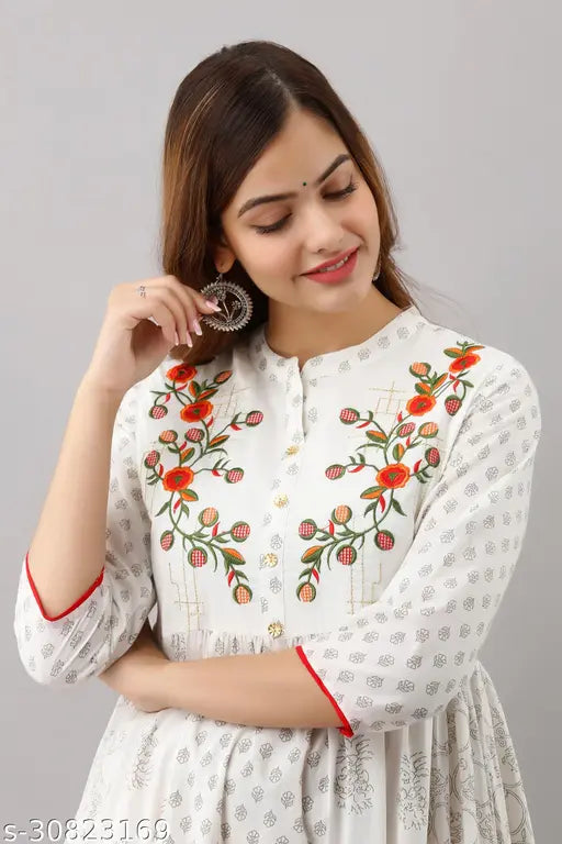 Cotton Cambric printed Anarkali kurti for women, three-quarter sleeves, S size (bust 36in, length 49in), Indian fashion