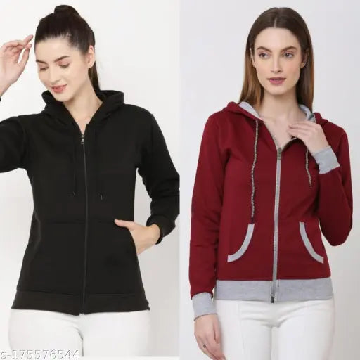 Plain black fleece zipper hoodie jacket with contrast maroon color, long sleeves
