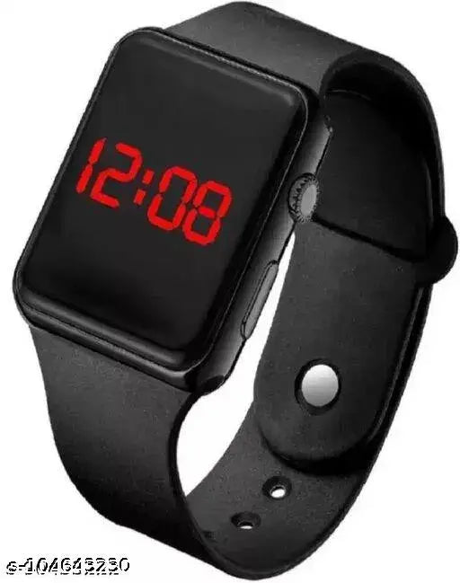Black digital watch with red numbers on a gray background, featuring an adjustable strap, LED display, and possibly leather or silicone material