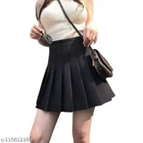 High waist pleated mini skirt for women, black fabric, short length