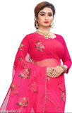 Pink and floral embroidered net saree with unstitched blouse piece, Indian party wear