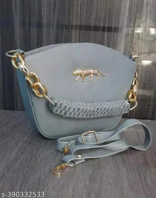 Grey woven leather purse, gold chain accents