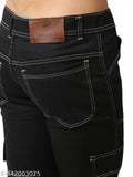Dark wash denim cargo pants with pockets and belt loops