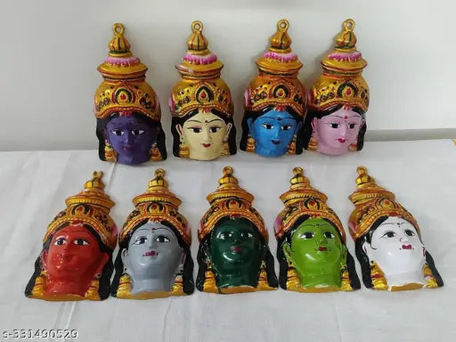 Metal Navadurga Devi Face Set of 9, Indian god idols for temple and home pooja, size: 8"x4", used in Varalakshmi Pooja, housewarming, and Navaratri