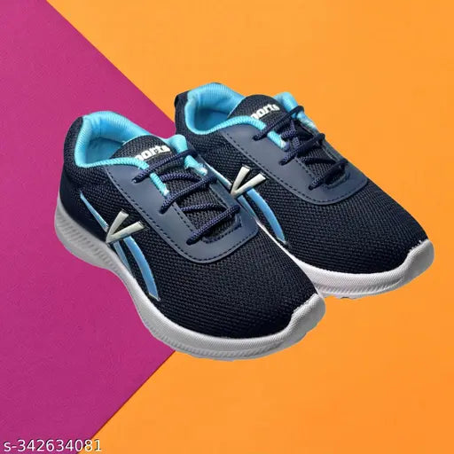 Black and blue kids' sports sneakers, comfortable lacing, lightweight sole