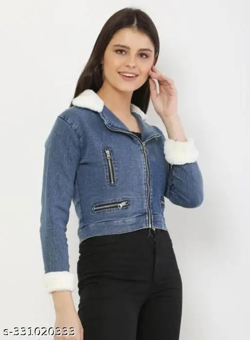 Blue denim fur multi-zip jacket for women, solid pattern, long sleeves, XS (32in bust, 24in length), made in India