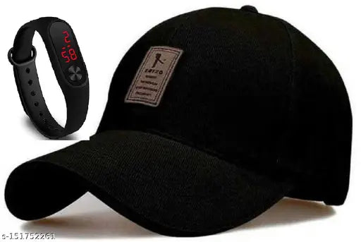 Classic black cotton Edixo adjustable cap with free LED black watch for men - Indian-made baseball cap with printed net pattern and included LED timepiece
