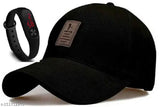 Classic black cotton Edixo adjustable cap with free LED black watch for men - Indian-made baseball cap with printed net pattern and included LED timepiece