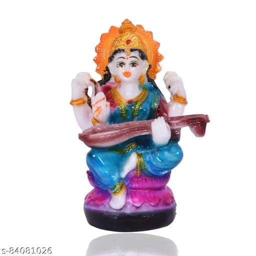 Maa Saraswati handicraft decorative showpiece figurine, blue, 11cm, marble stone, multicolor