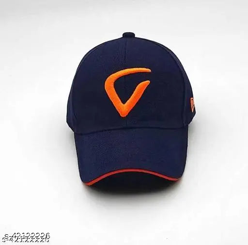 Navy blue cotton baseball cap with orange logo