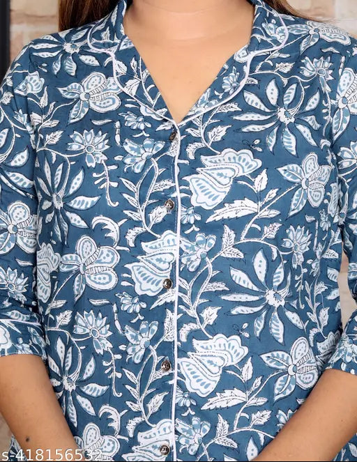 Cotton printed night suit for girls and women, three-quarter sleeves. Comfortable and cosy fabric for any season. Made in India