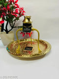 Brass Pooja plate thali with gold-plated Shivling stand and Abhishek lota, traditional Indian puja samagri set on display
