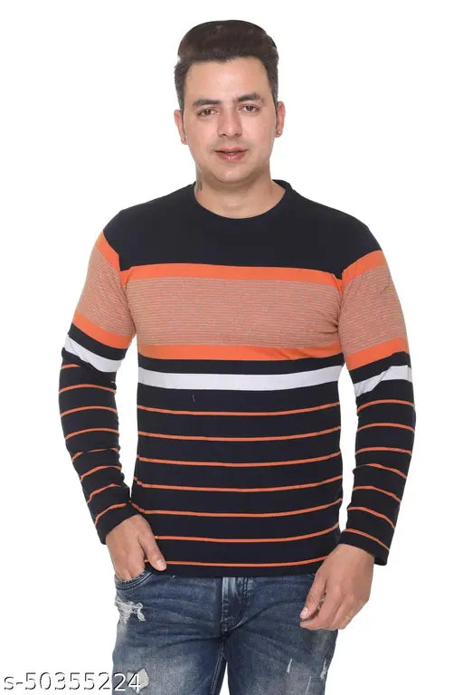 Men's black striped cotton full sleeve casual wear t-shirt with round neck and long sleeves, size M (20in chest, 27in length)