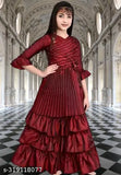 Soft silky full length gown party dress for girls, three-quarter sleeves, solid net - Indian-made baby girl fashion for special occasions