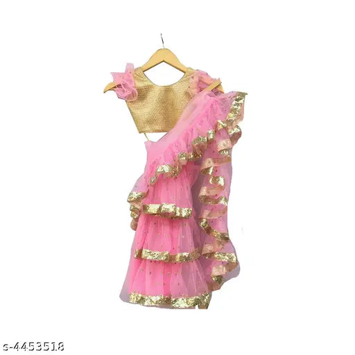 Indian ethnic silk lehenga choli sets for girls, 0-18 months, solid pattern and net fabric