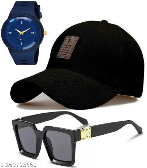 Cotton Ediko men's cap combo with black polarized lens sunglass and analog watch, round dial silicone strap - self-designed baseball cap gift pack for men and boys (India)