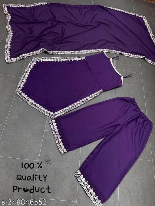 Purple Georgette embroidered Indian kurta set with dupatta and plazzo, perfect for festive partywear