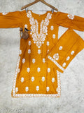 SLUB Rayon solid chikankari printed net kurta & skirt set, three-quarter sleeves, cotton fabric, India origin