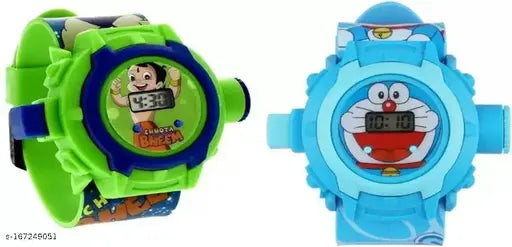 Cartoon themed digital watch with projector feature, black and blue colors, for kids