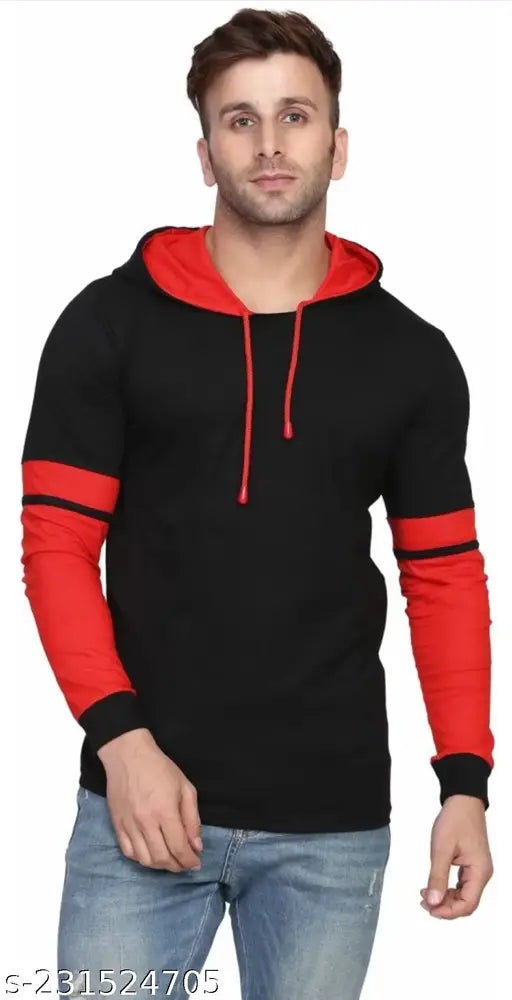 Men's hooded cotton-blend t-shirt, solid color, long sleeves. Multicolor options available for various sizes (M: 42in x 28in, L: 44in x 29in, XL: 46in x 30in). Made in India