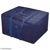 Blue and black bag with strap for carrying a peafowl blanket cover. Large, versatile storage option suitable for sarees and household use