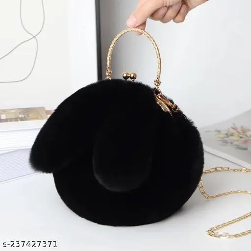 Black fur handbag, round flap with gold accents, casual style, slings over shoulder, suitable for all seasons, perfect accessory for women and kids