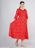 Gold print rayon Anarkali kurti with three-quarter sleeves, Indian fashion wear for women in various sizes